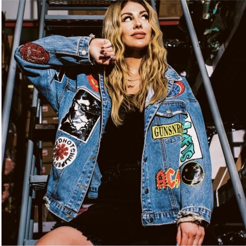 Dressed in LALA Blue Denim Jean Jacket with Multicolor Band Patches
